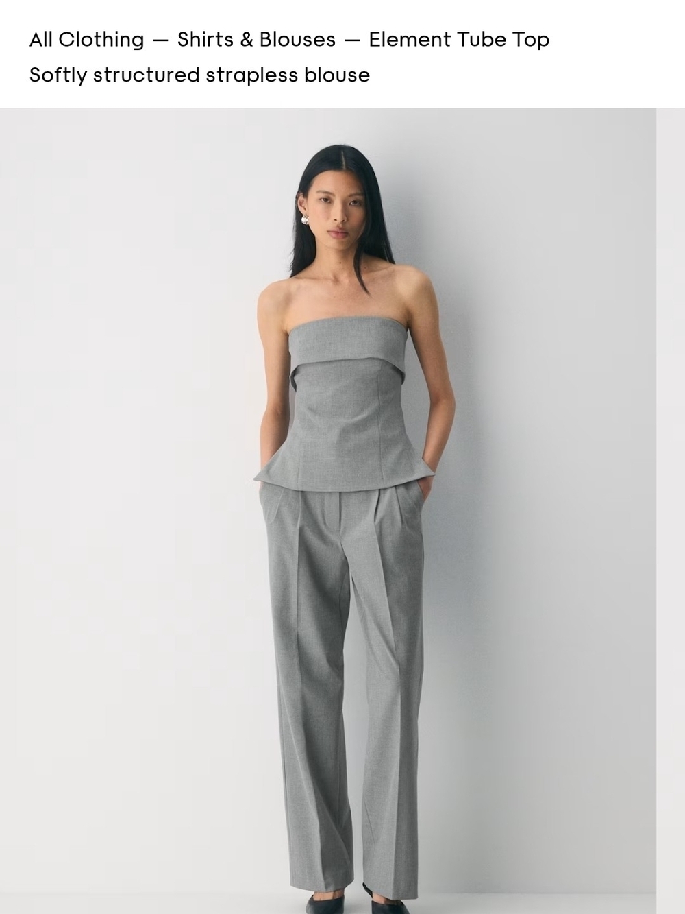 Element Gray Strapless Peplum Top with Tailored Gray Trousers